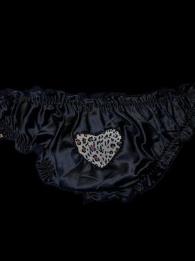 Black Satin Bikini Panties with Leopard Heart